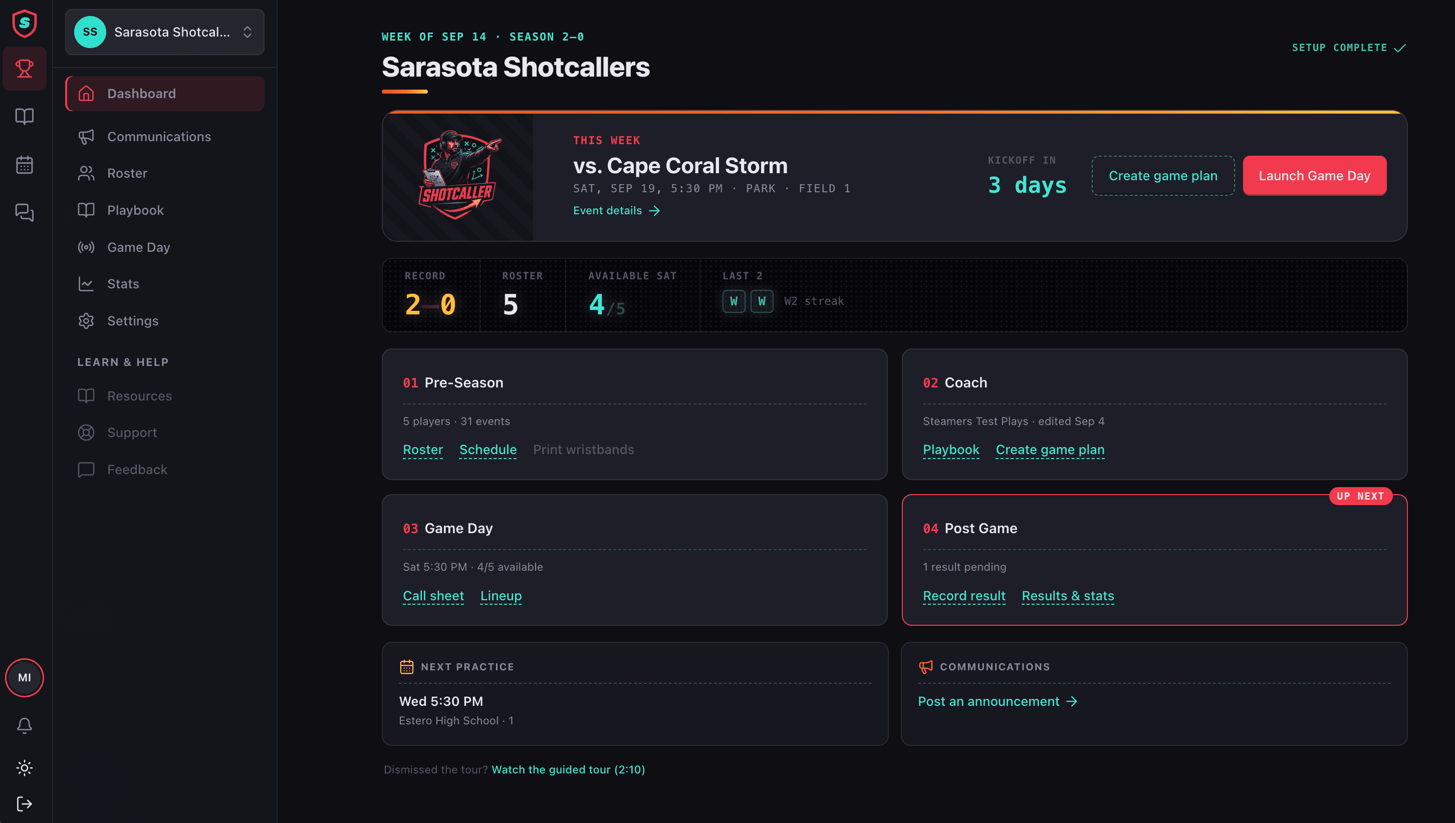 The Shotcaller dashboard: this week's game against the Cape Coral Storm, the 2–0 record, and the four phases of the week
