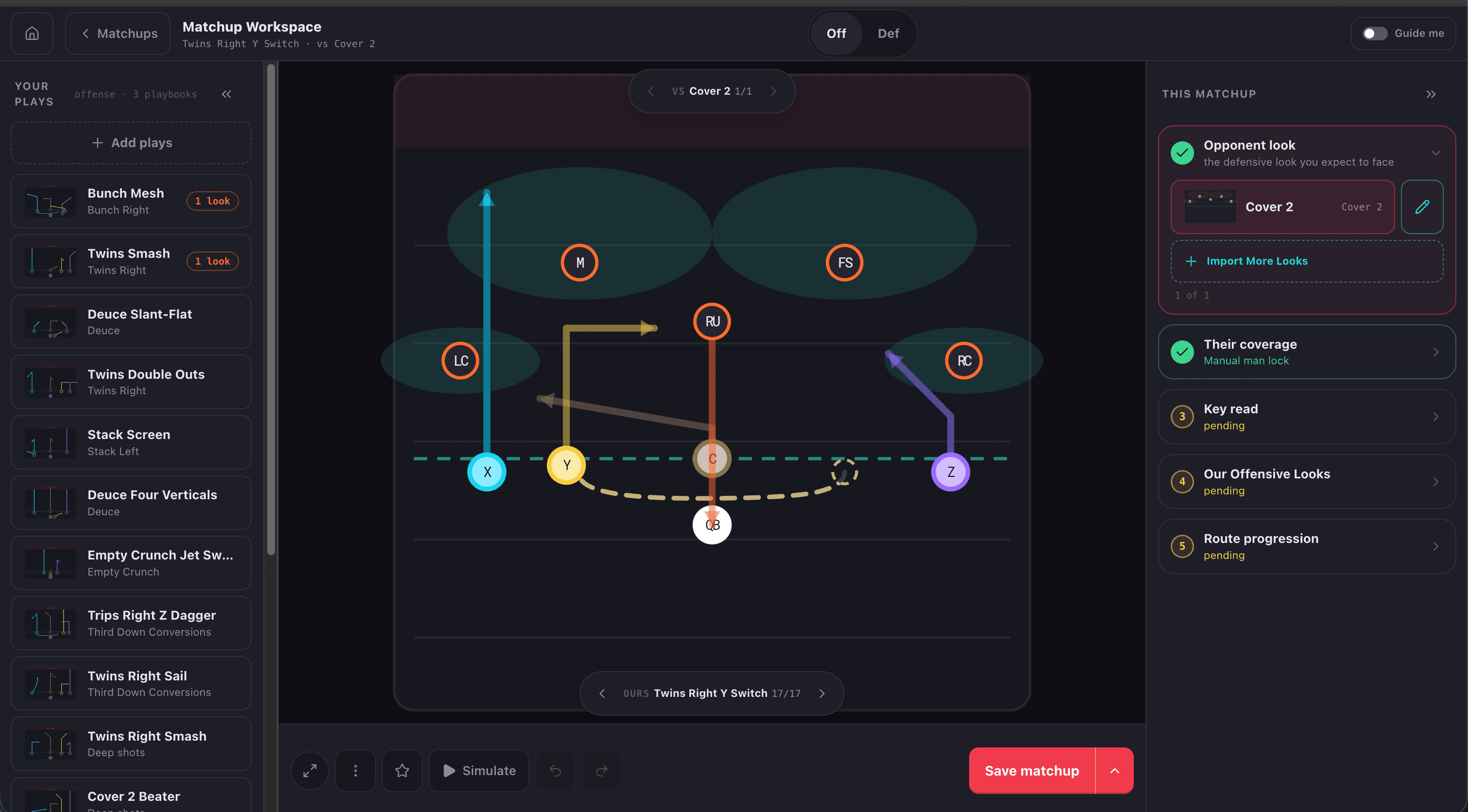 The Matchup Workspace: Twins Right Y Switch against Cover 2, with the opponent look, key read and route progression steps alongside