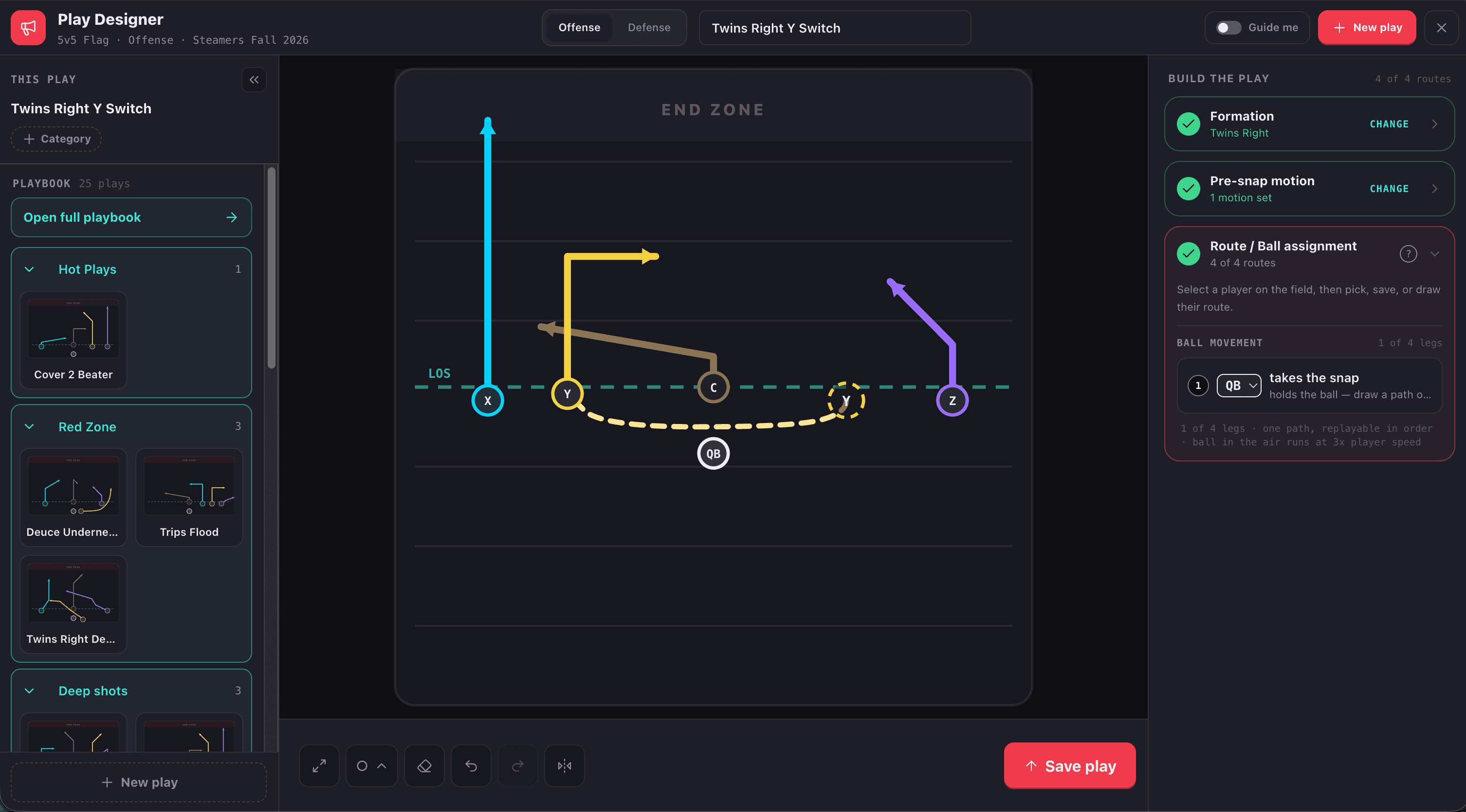 The Play Designer: Twins Right Y Switch with pre-snap motion, the Guide me toggle, and the build-the-play panel