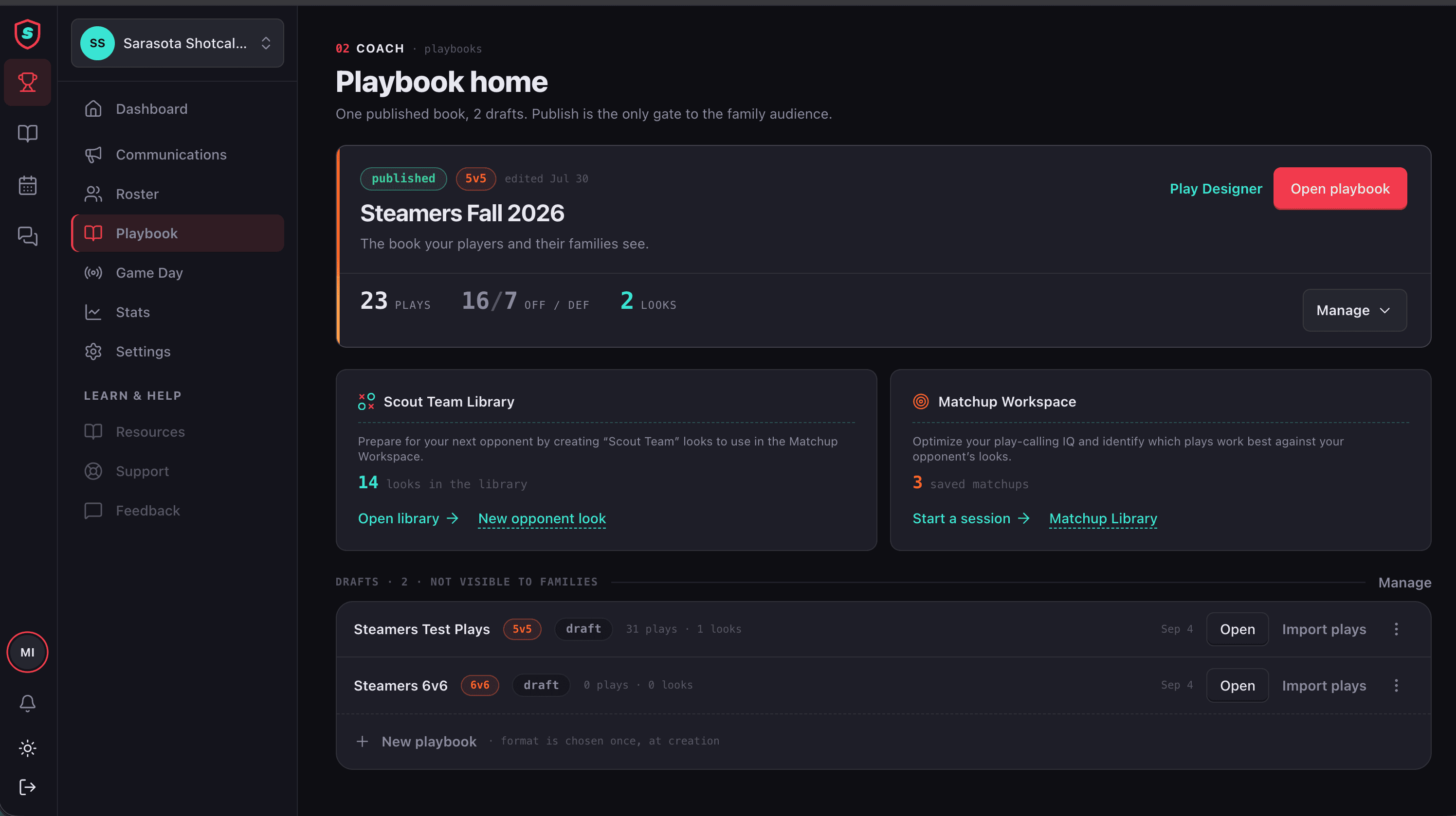 Playbook home: the published Steamers Fall 2026 book, the Scout Team Library and Matchup Workspace, and two drafts with Import plays